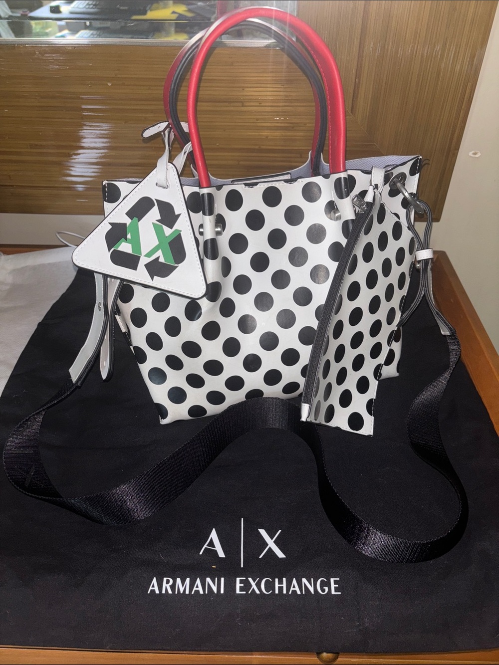 Armani Exchange Recycle White & Black PolkaDot Tote vegan - bag coin purse 2-way